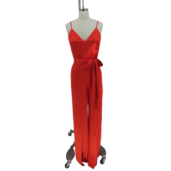 Dress the Population Pants - 00672 Dress the Population Satin Wide Leg Jumpsuit Red sz Small party cocktail